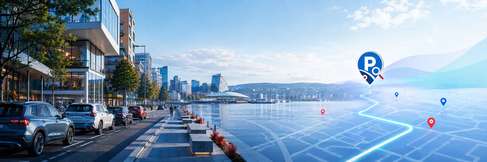 Parkerte biler langs en havnepromenade i en norsk by, med kartmarkører (illustrasjon)